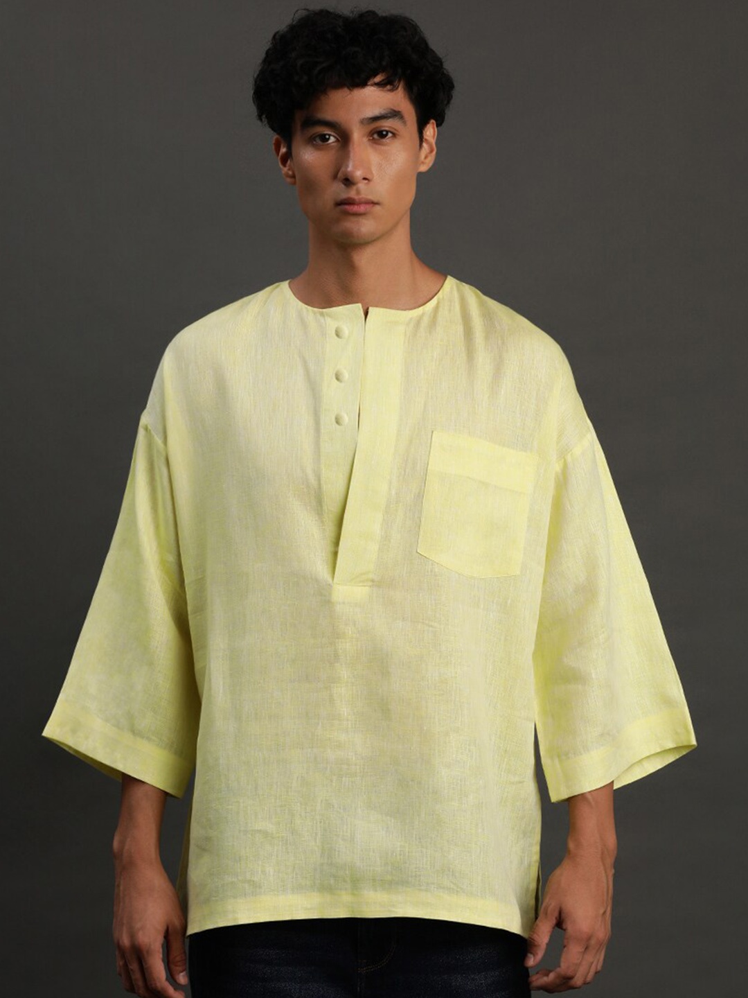 

BYB PREMIUM Round Neck Flared Sleeves Straight Short Linen Kurta, Green