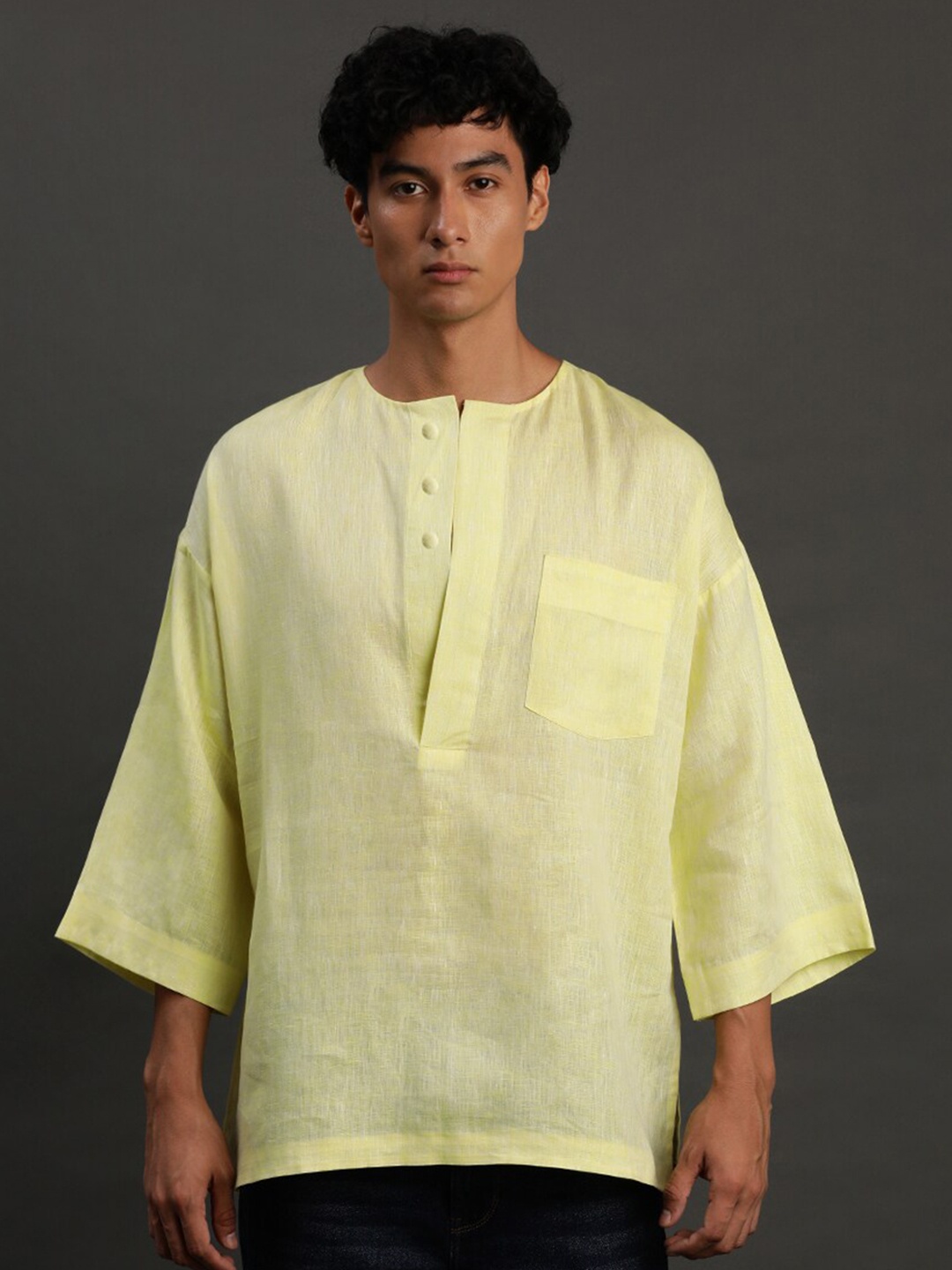 

BYB PREMIUM Round Neck Flared Sleeves Straight Short Linen Kurta, Green