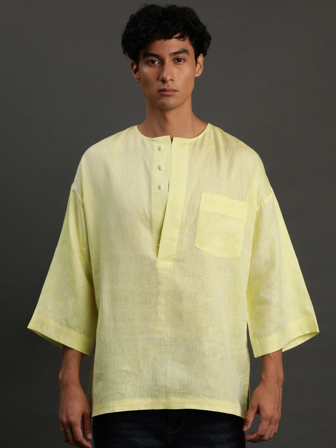 

BYB PREMIUM Round Neck Flared Sleeves Straight Short Linen Kurta, Green