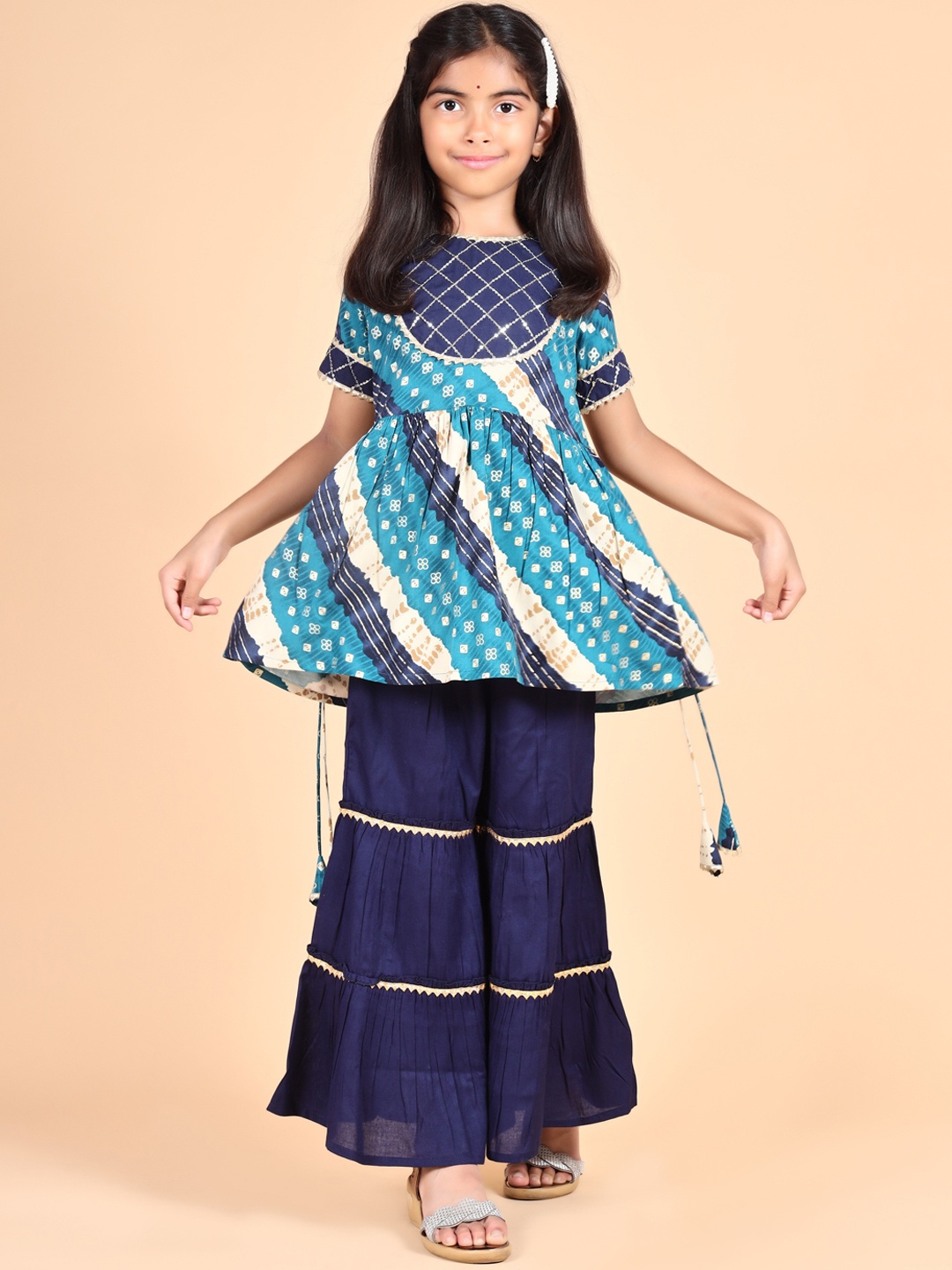 

misbis Girls Ethnic Motifs Printed Gotta Patti Kurta with Sharara, Blue