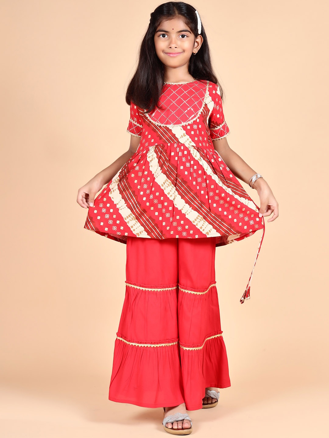 

misbis Girls Ethnic Motifs Printed Gotta Patti A-Line Kurta with Sharara, Red