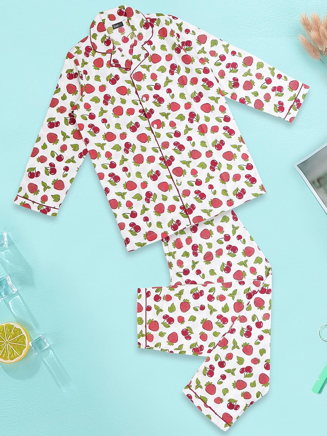 

BAESD Kids Conversational Printed Lapel Collar Pure Cotton Night suit, Red