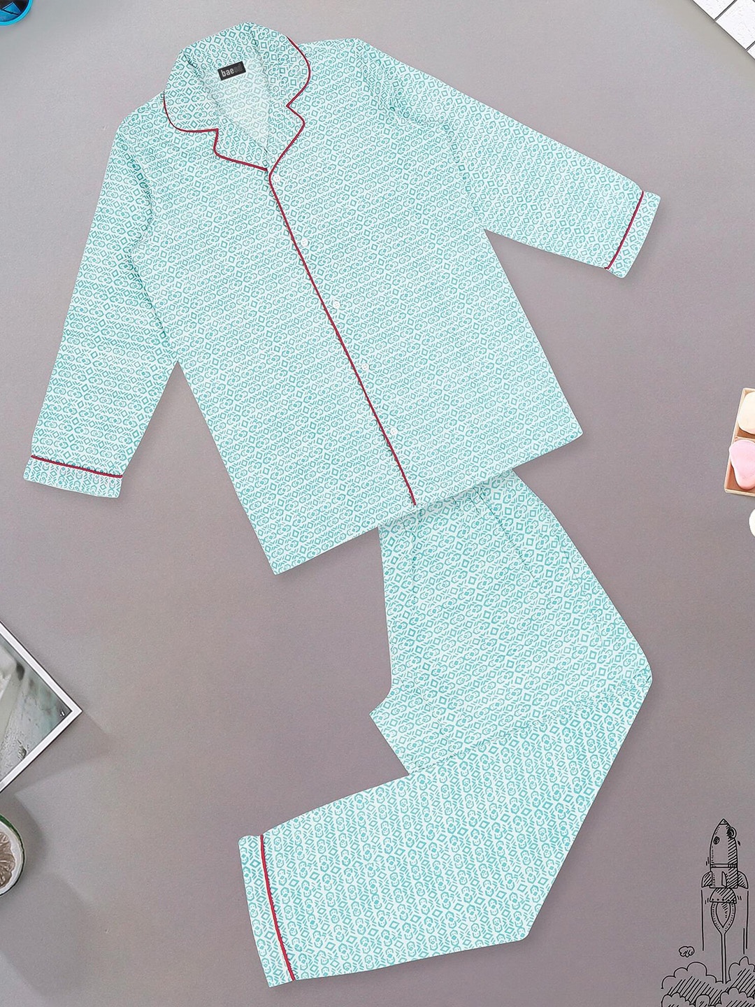 

BAESD Kids Geometric Printed Pure Cotton Night suit, Blue