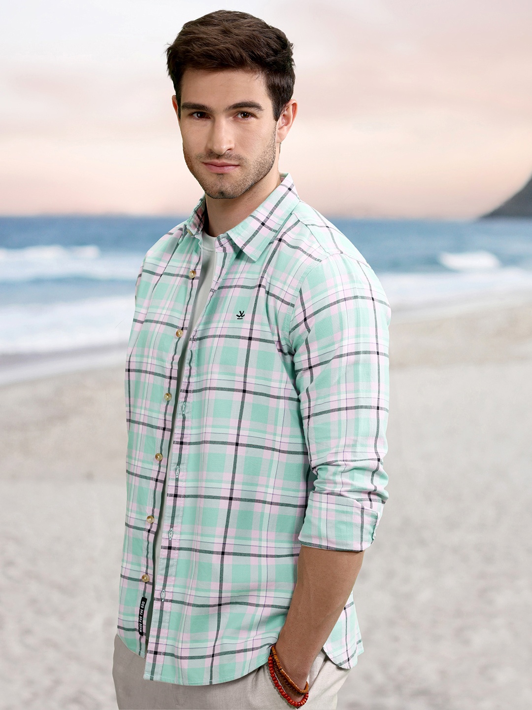 

WROGN Pure Cotton Slim Fit Checked Casual Shirt, Green