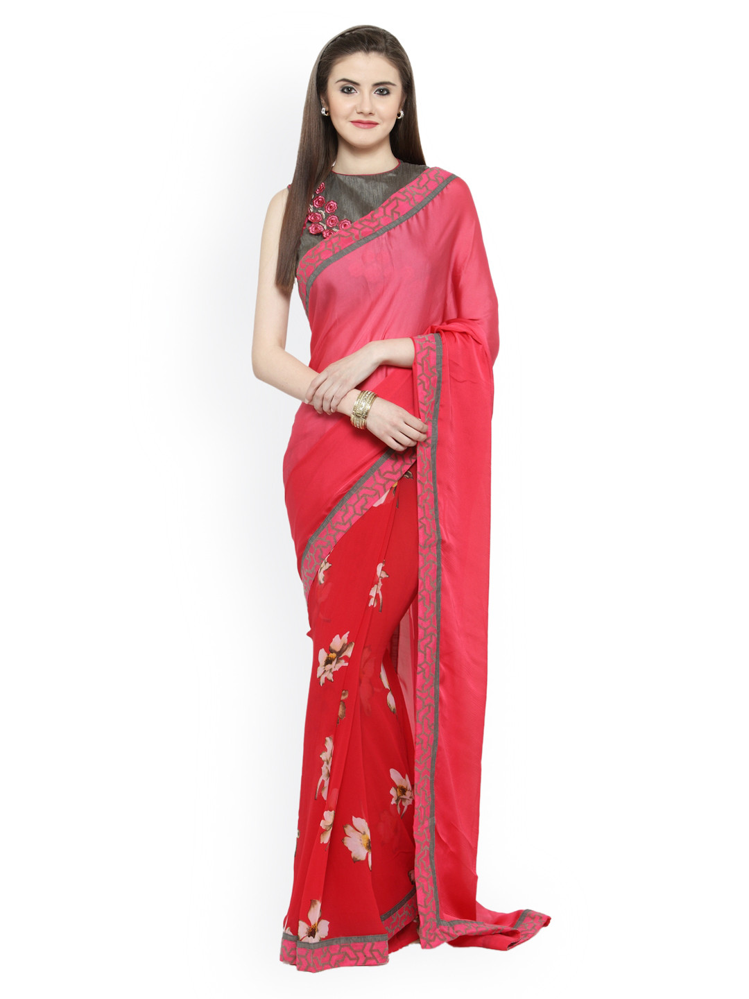

Shaily Peach-Coloured & Red Pure Georgette Printed Saree, Pink