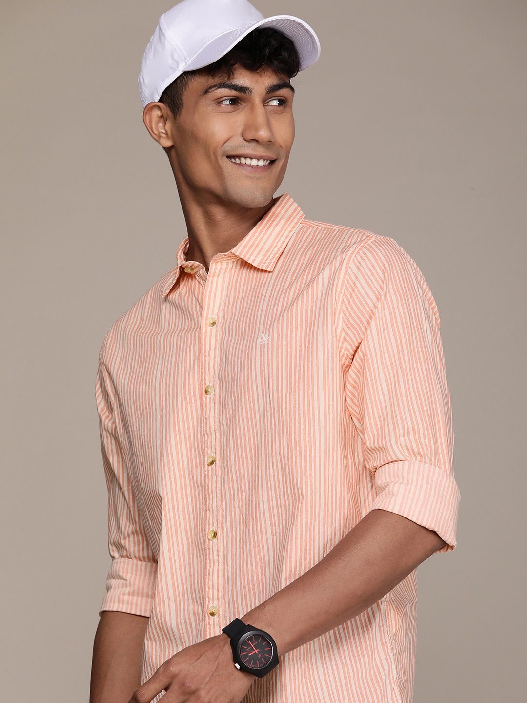 

WROGN Pure Cotton Vertical Striped Slim Fit Casual Shirt, Peach