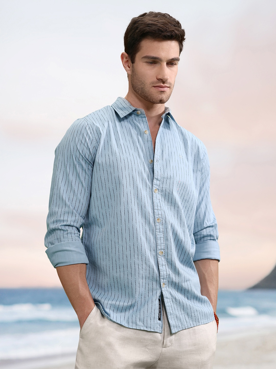 

WROGN Pure Cotton Slim Fit Striped Casual Shirt, Blue