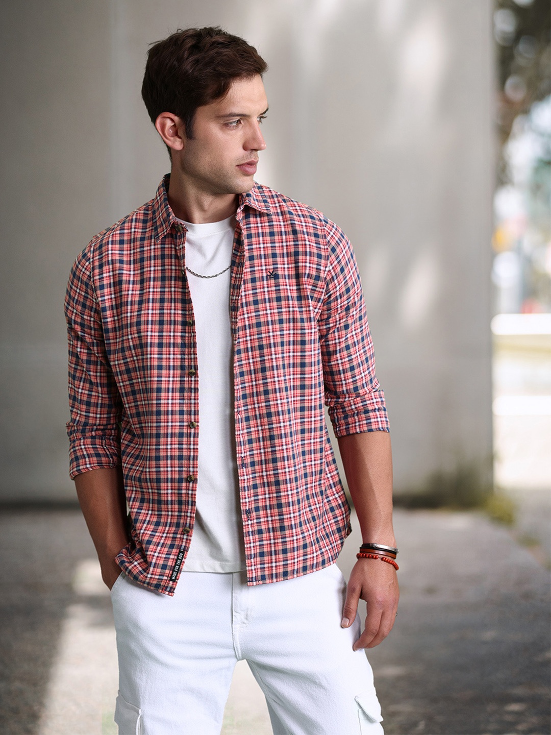 

WROGN Pure Cotton Checked Slim Fit Casual Shirt, Peach