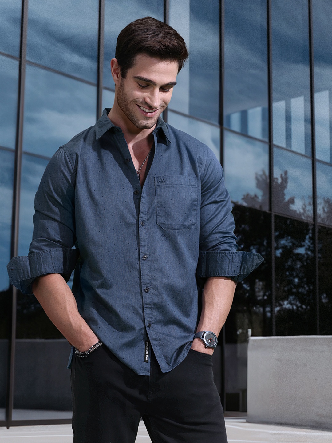 

WROGN Self Design Slim Fit Textured Casual Shirt, Navy blue