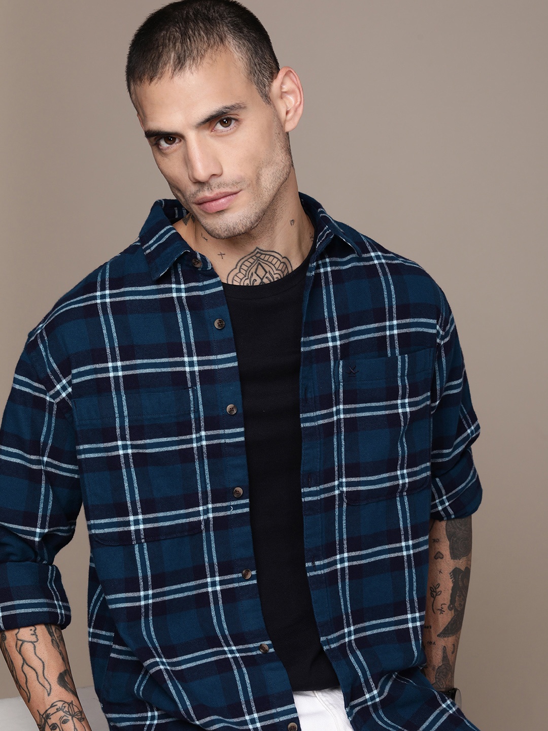 

WROGN Pure Cotton Relaxed Fit Checked Casual Shirt, Navy blue