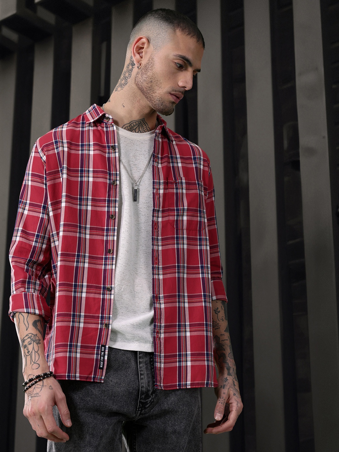 

WROGN Pure Cotton Slim Fit Checked Casual Shirt, Red