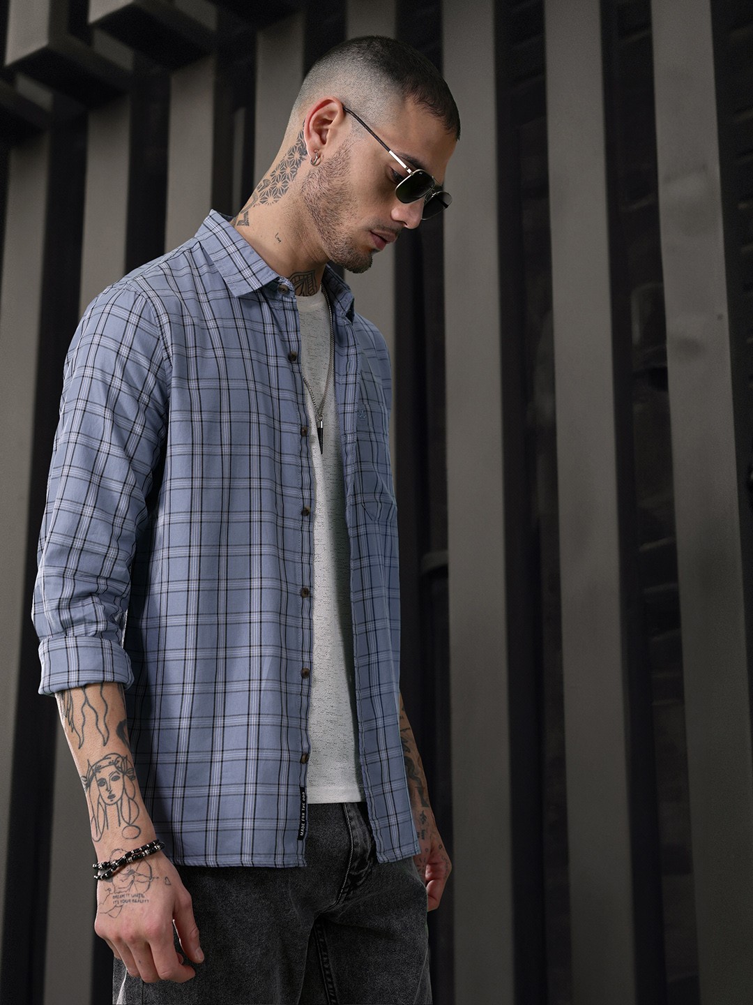 

WROGN Pure Cotton Slim Fit Checked Casual Shirt, Blue