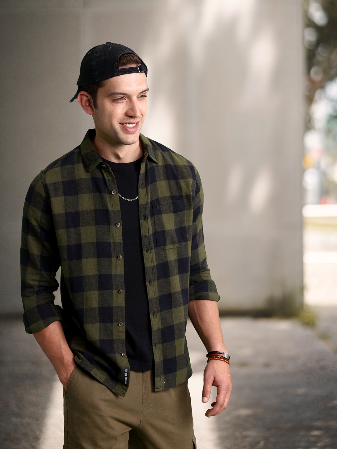

WROGN Pure Cotton Slim Fit Checked Casual Shirt, Olive