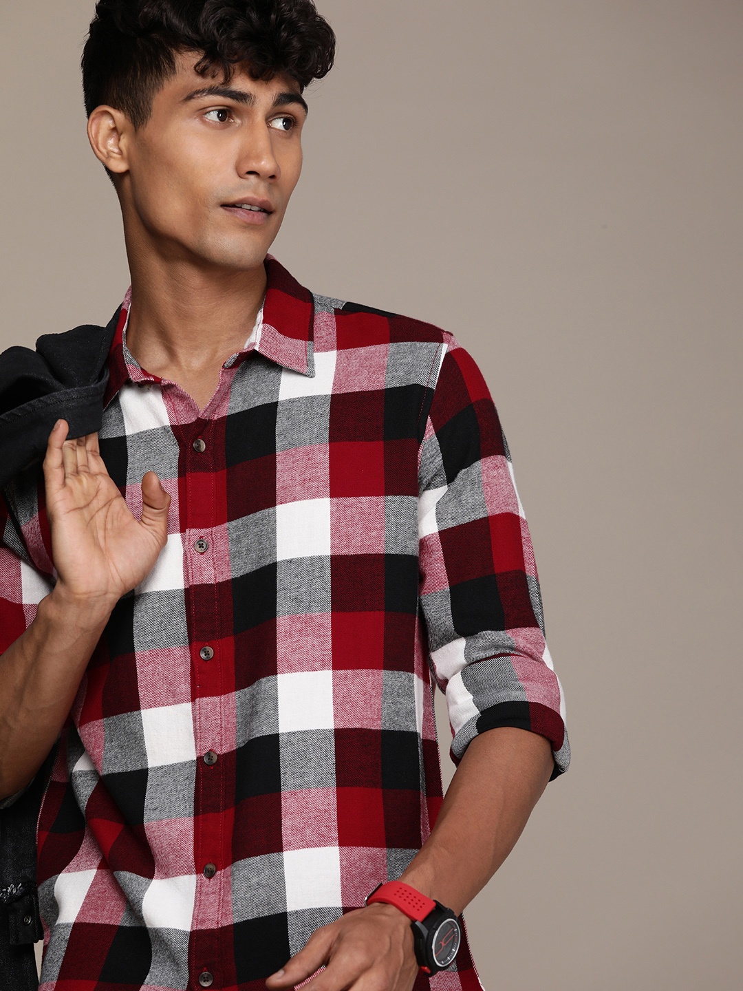 

WROGN Pure Cotton Slim Fit Checked Casual Shirt, Red