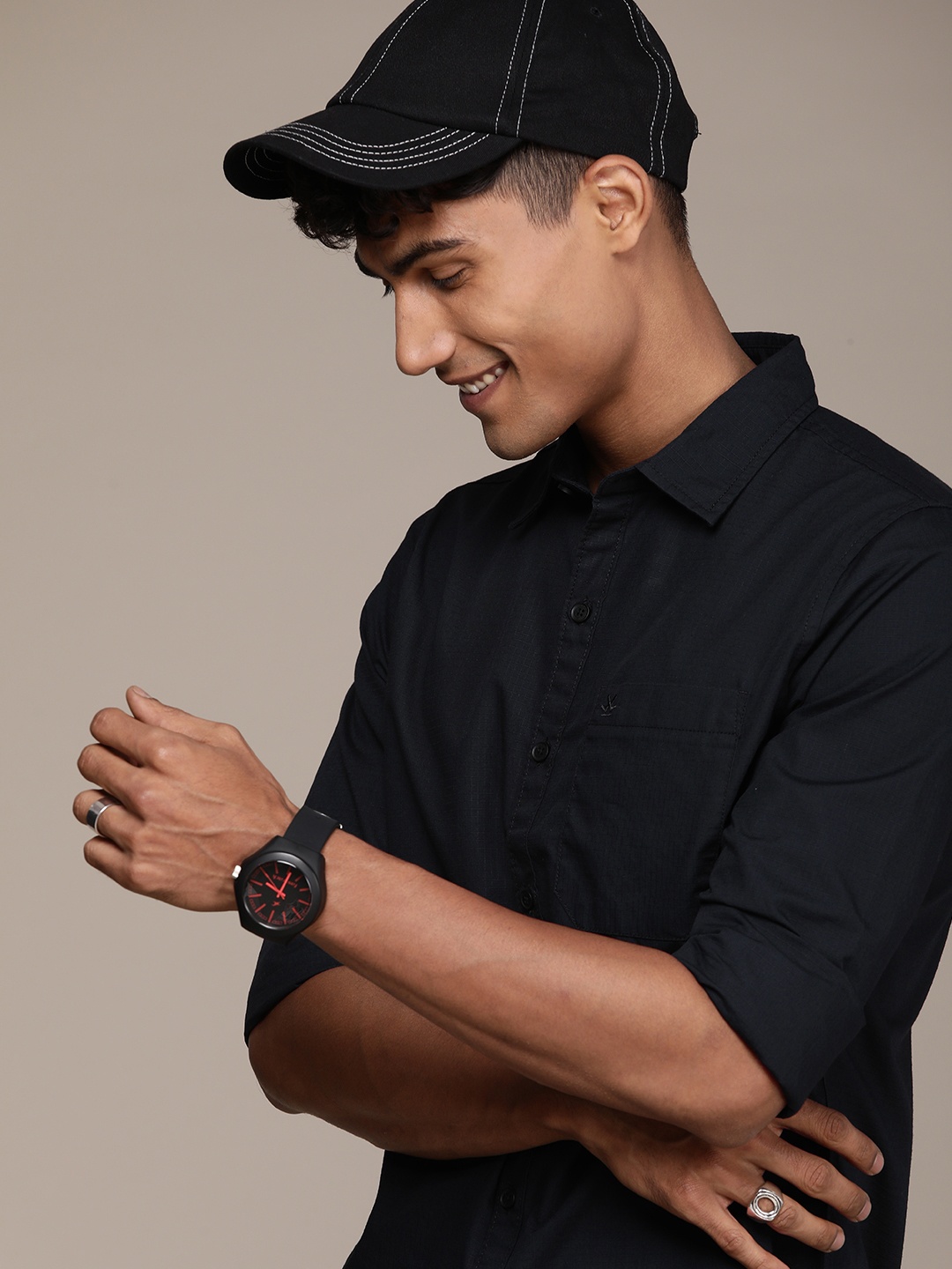 

WROGN Pure Cotton Micro checked Slim Fit Casual Shirt, Black