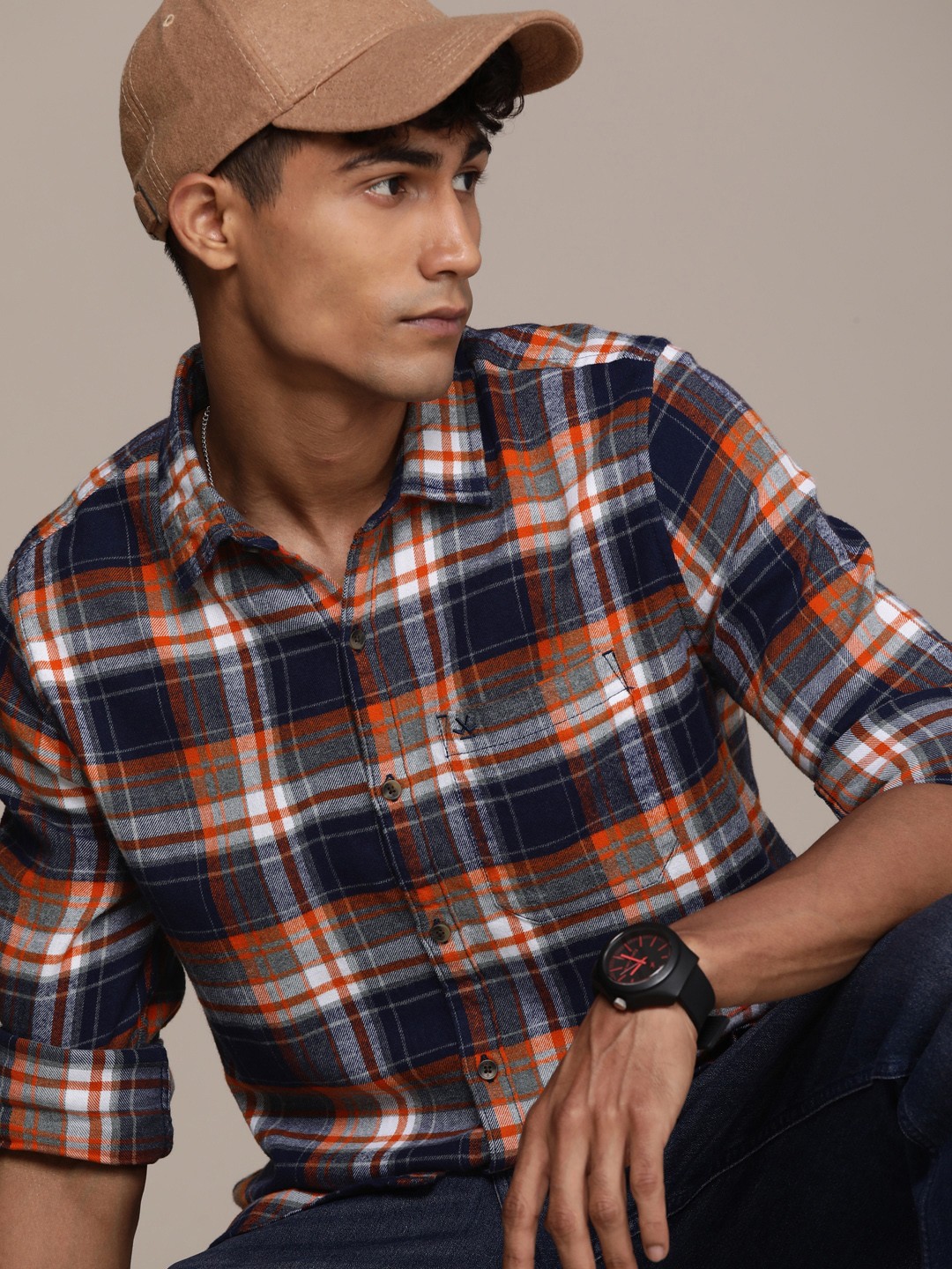 

WROGN Pure Cotton Slim Fit Checked Casual Shirt, Navy blue