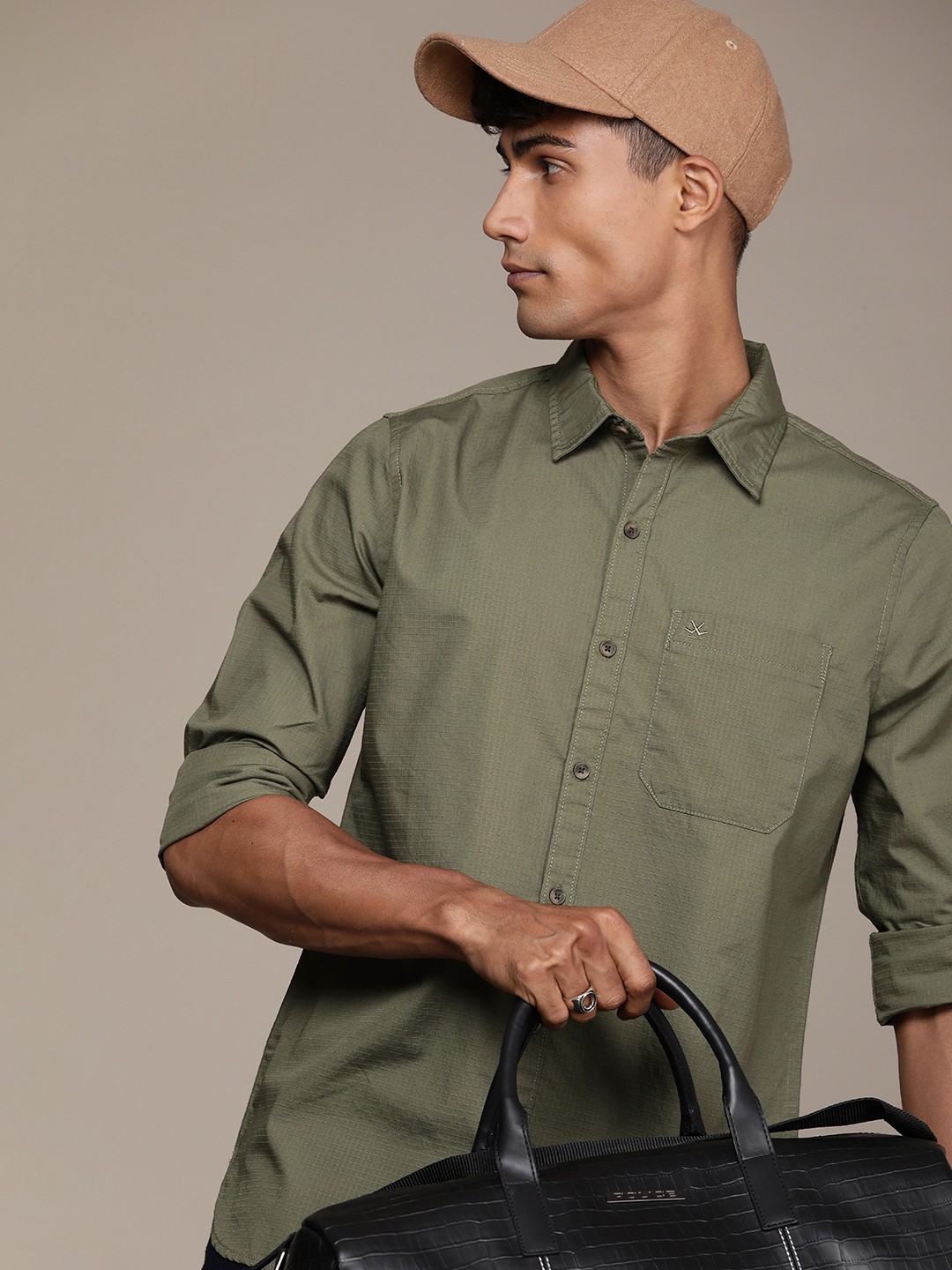 

WROGN Pure Cotton Slim Fit Casual Shirt, Olive