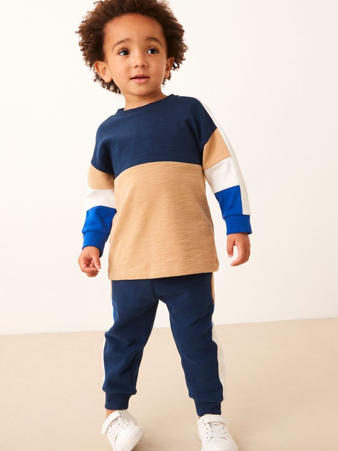 

NEXT Boys Colourblocked Pure Cotton T-shirt with Joggers, Beige