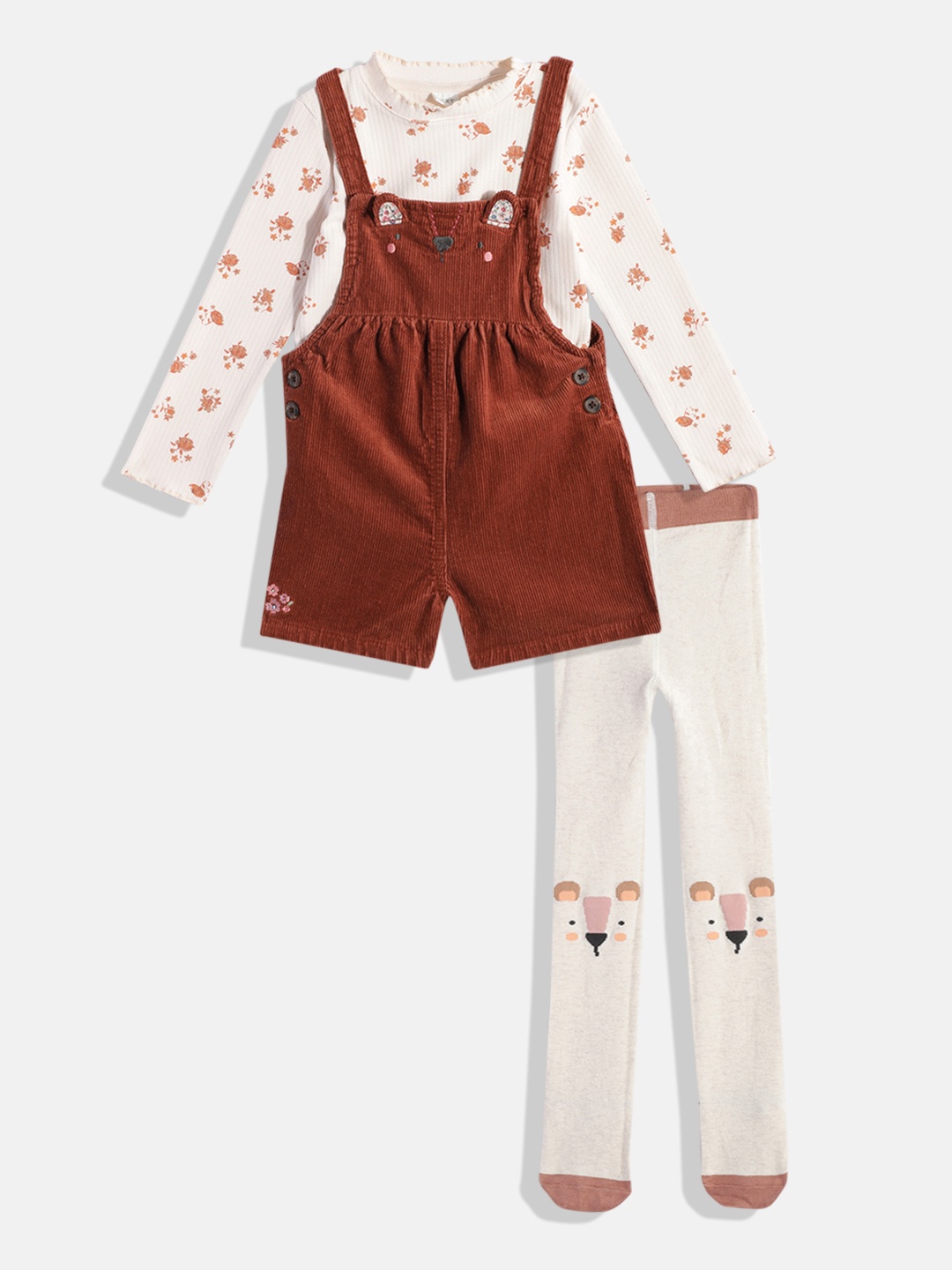 

NEXT Girls T-shirt & Dungaree Set With Tights, Brown