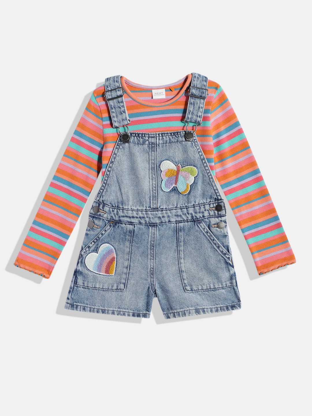 

NEXT Infant Girls Pure Cotton Denim Dungaree With Tshirt, Blue