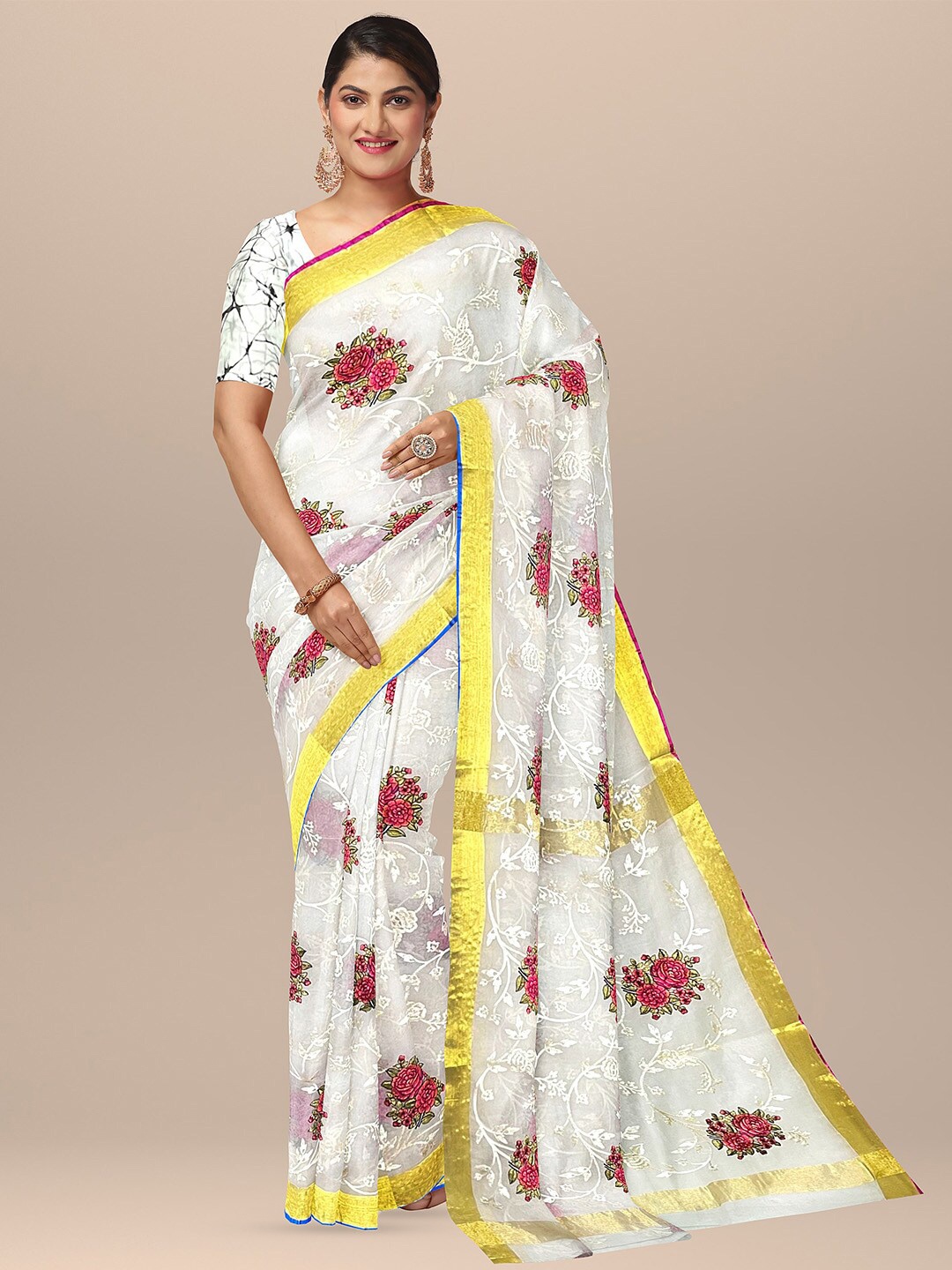 

SARIKA Floral Printed Embroidered Zari Pure Silk Saree, Off white