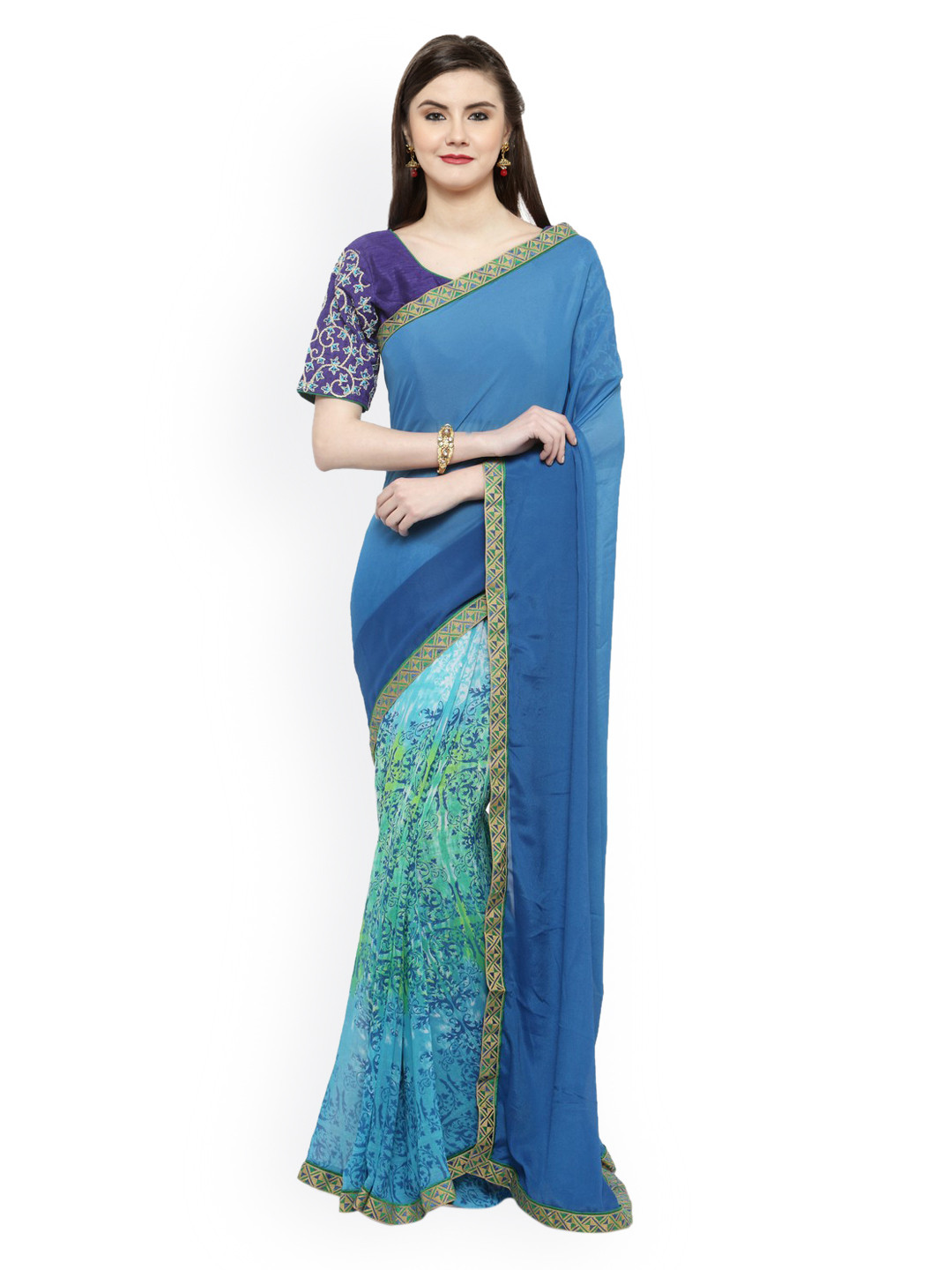 

Shaily Blue & Green Pure Georgette Printed Saree
