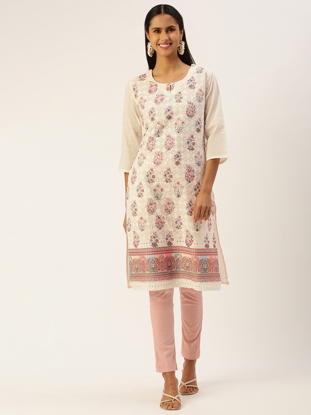 

SHANVIKA Women Floral Embroidered Chikankari Kurta, Cream