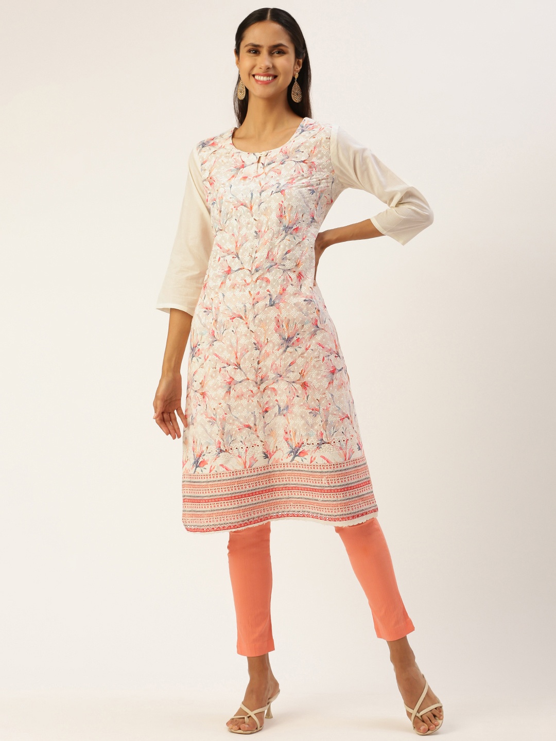 

SHANVIKA Women Floral Embroidered Chikankari Kurta, Cream