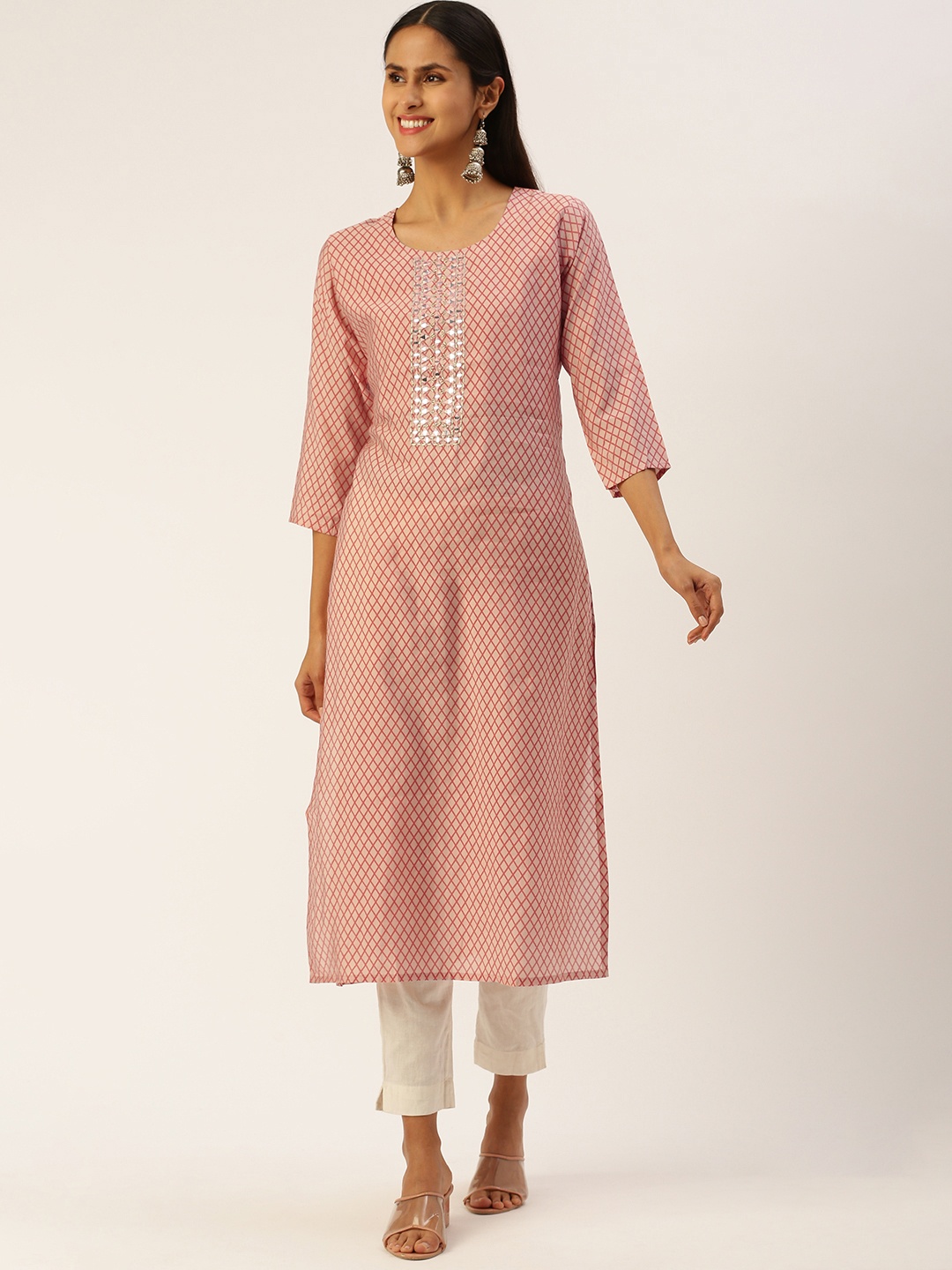 SHANVIKA Women Geometric Printed Mirror Work Kurta, Peach