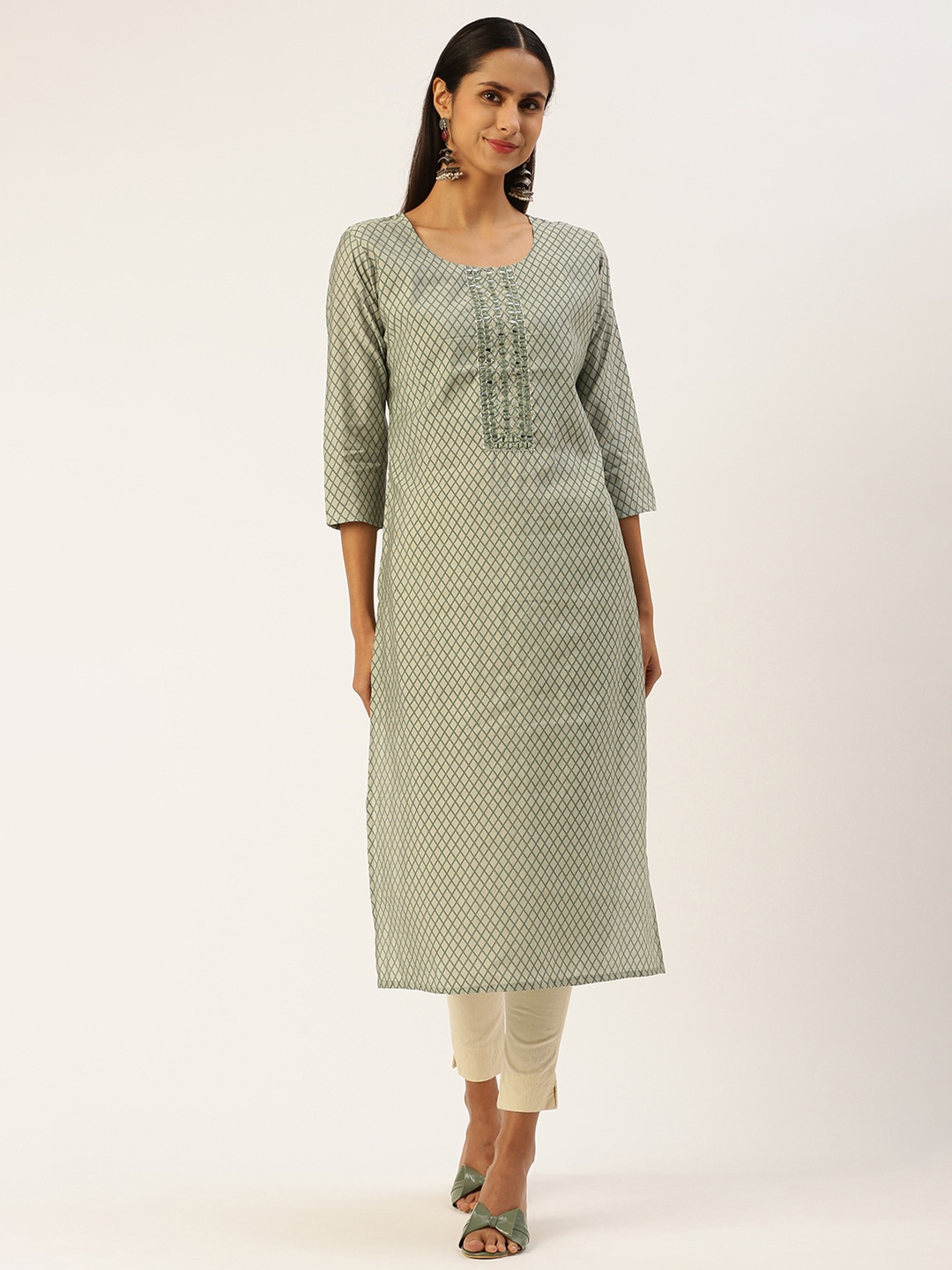 SHANVIKA Women Geometric Printed Mirror Work Kurta, Green