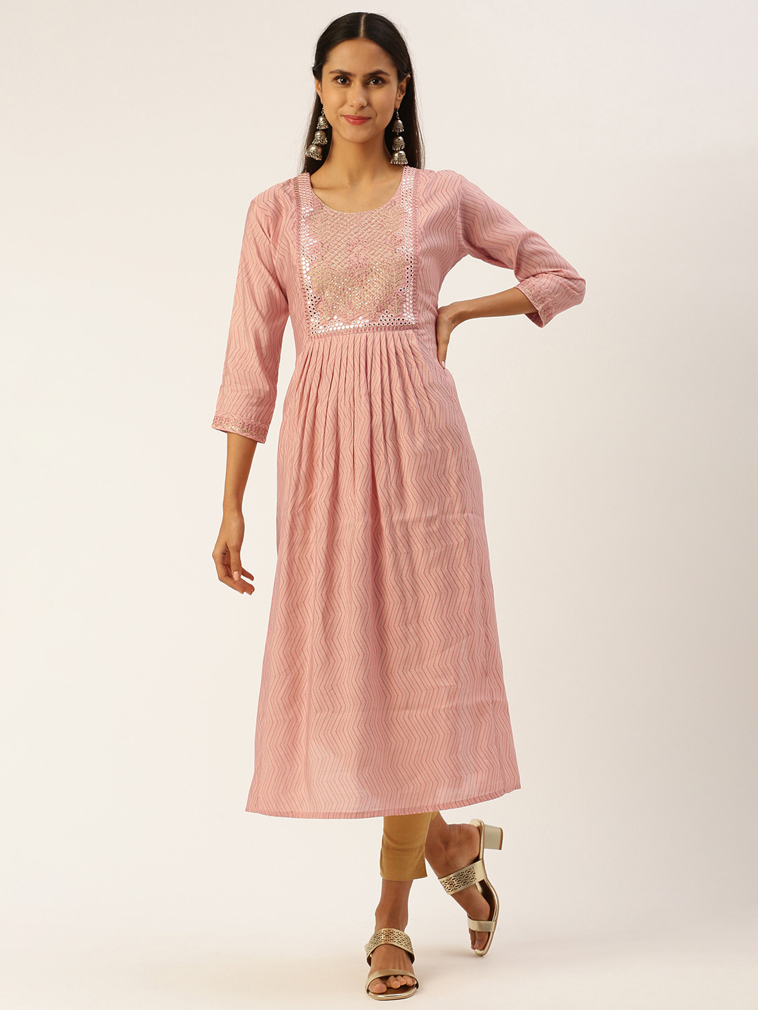 

SHANVIKA Women Leheriya Printed Mirror Work Kurta, Peach