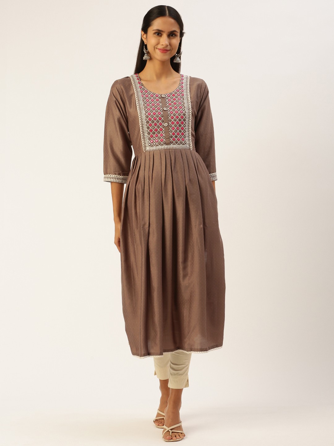 

SHANVIKA Women Yoke Design Mirror Work Kurta, Brown