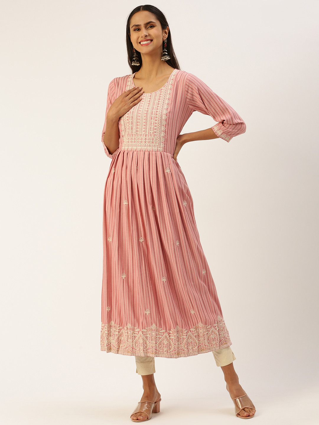 

SHANVIKA Women Ethnic Motifs Yoke Design Sequinned Kurta, Pink