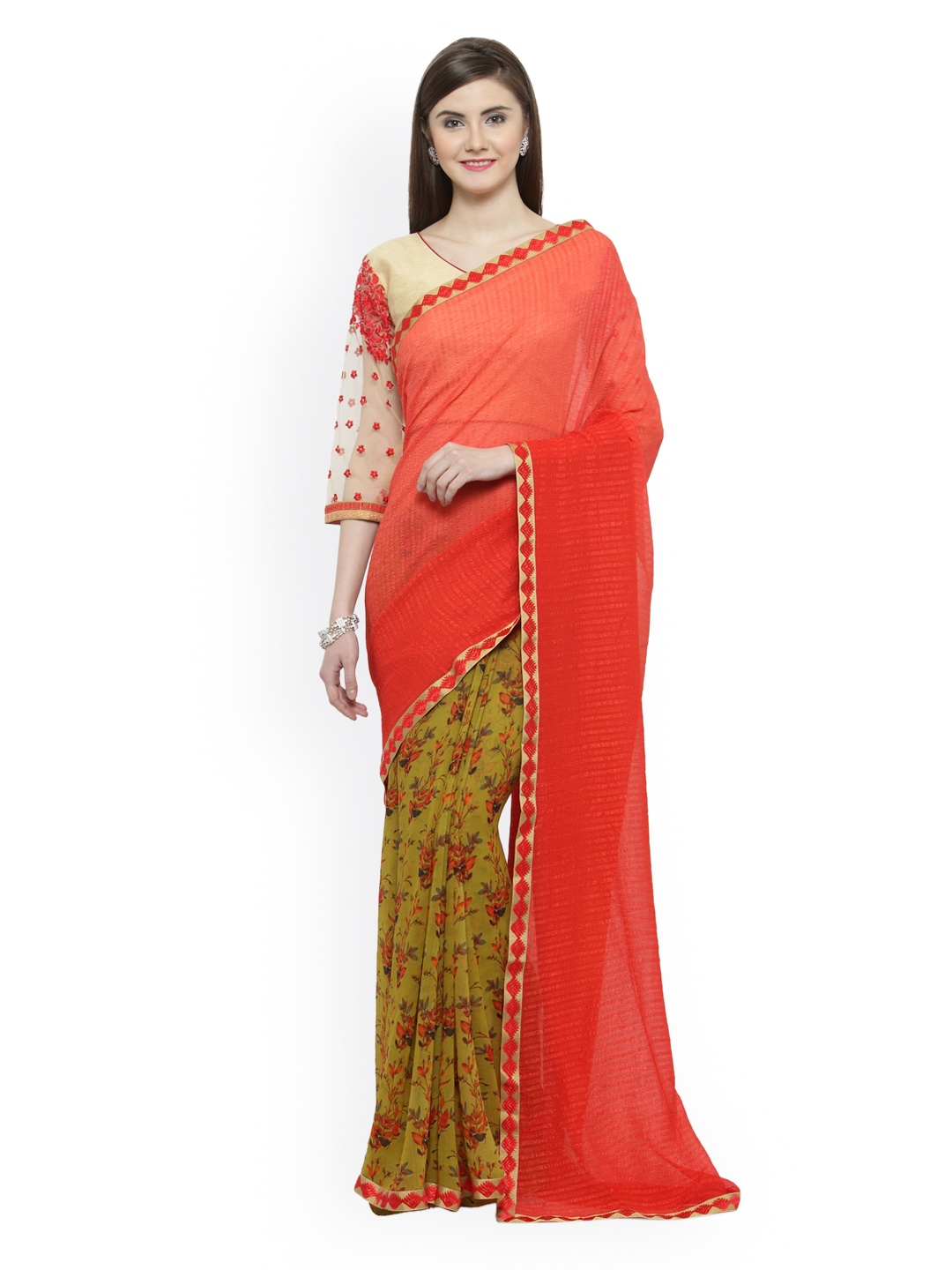 

Shaily Pink & Yellow Pure Georgette Printed Saree