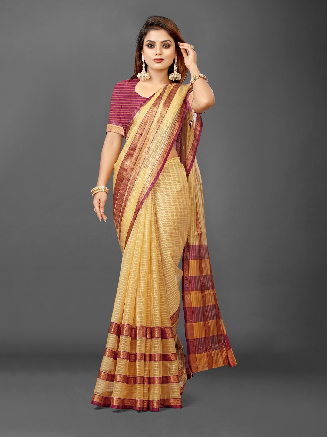 

KALINI Checked Zari Organza Ikat Saree, Beige