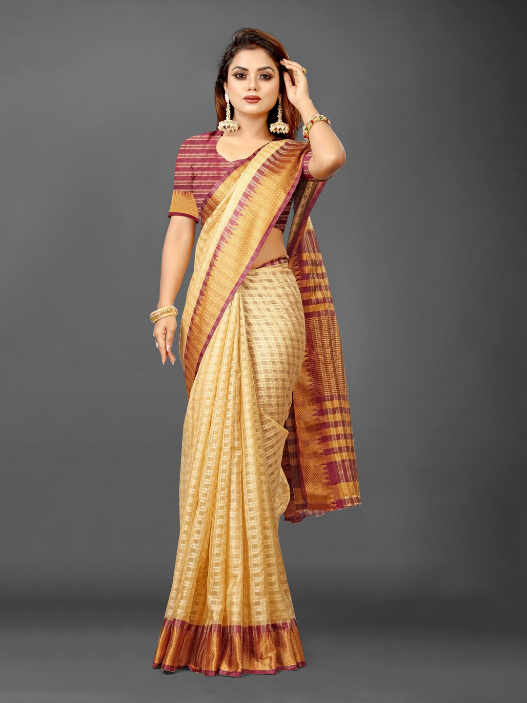 

KALINI Checked Zari Organza Ikat Saree, Beige