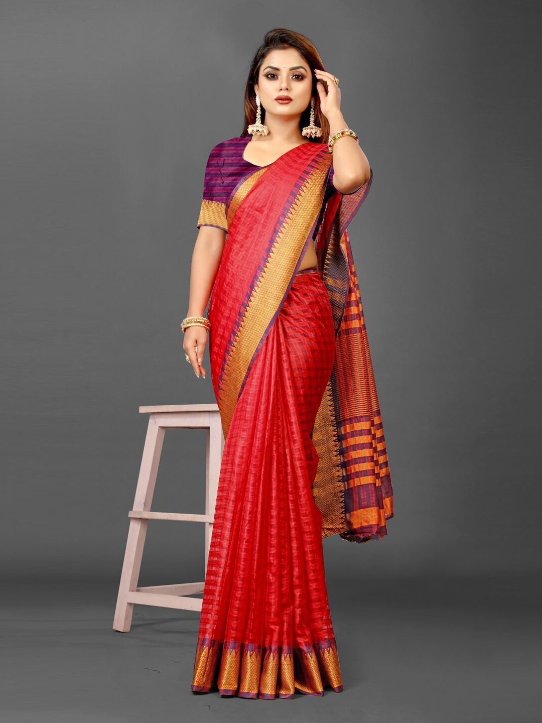 

KALINI Checked Zari Organza Ikat Saree, Red