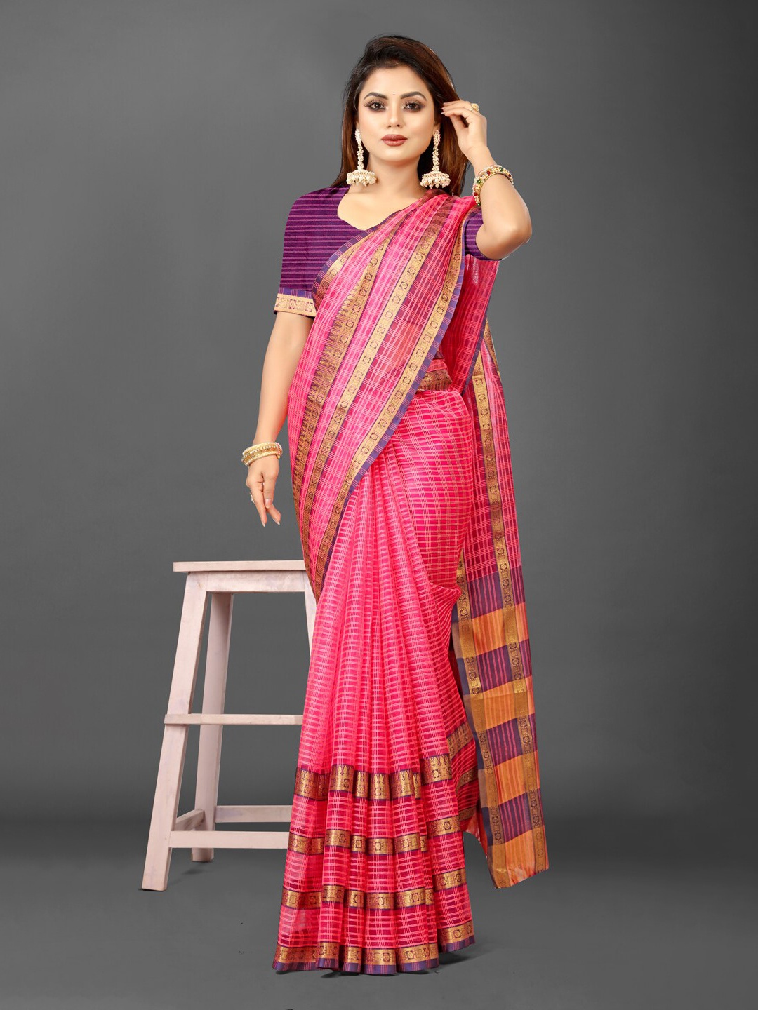 

KALINI Checked Zari Organza Ikat Saree, Pink