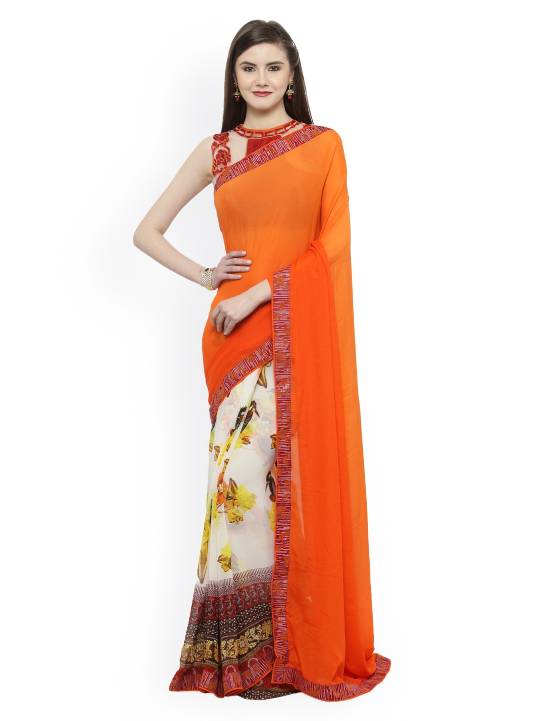 

Shaily Orange & White Pure Georgette Printed Saree