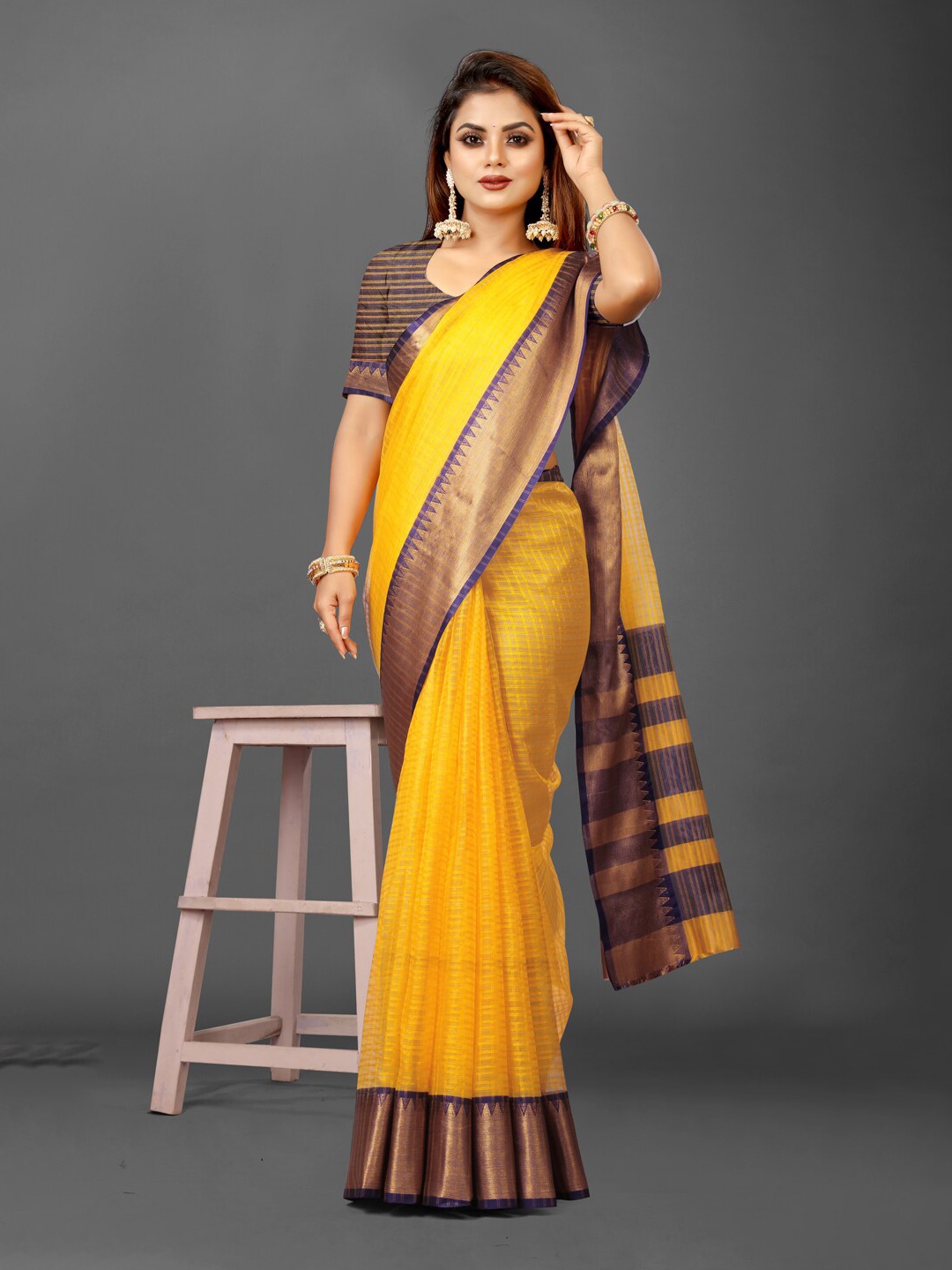 

KALINI Blue Checked Zari Organza Ikat Saree, Mustard