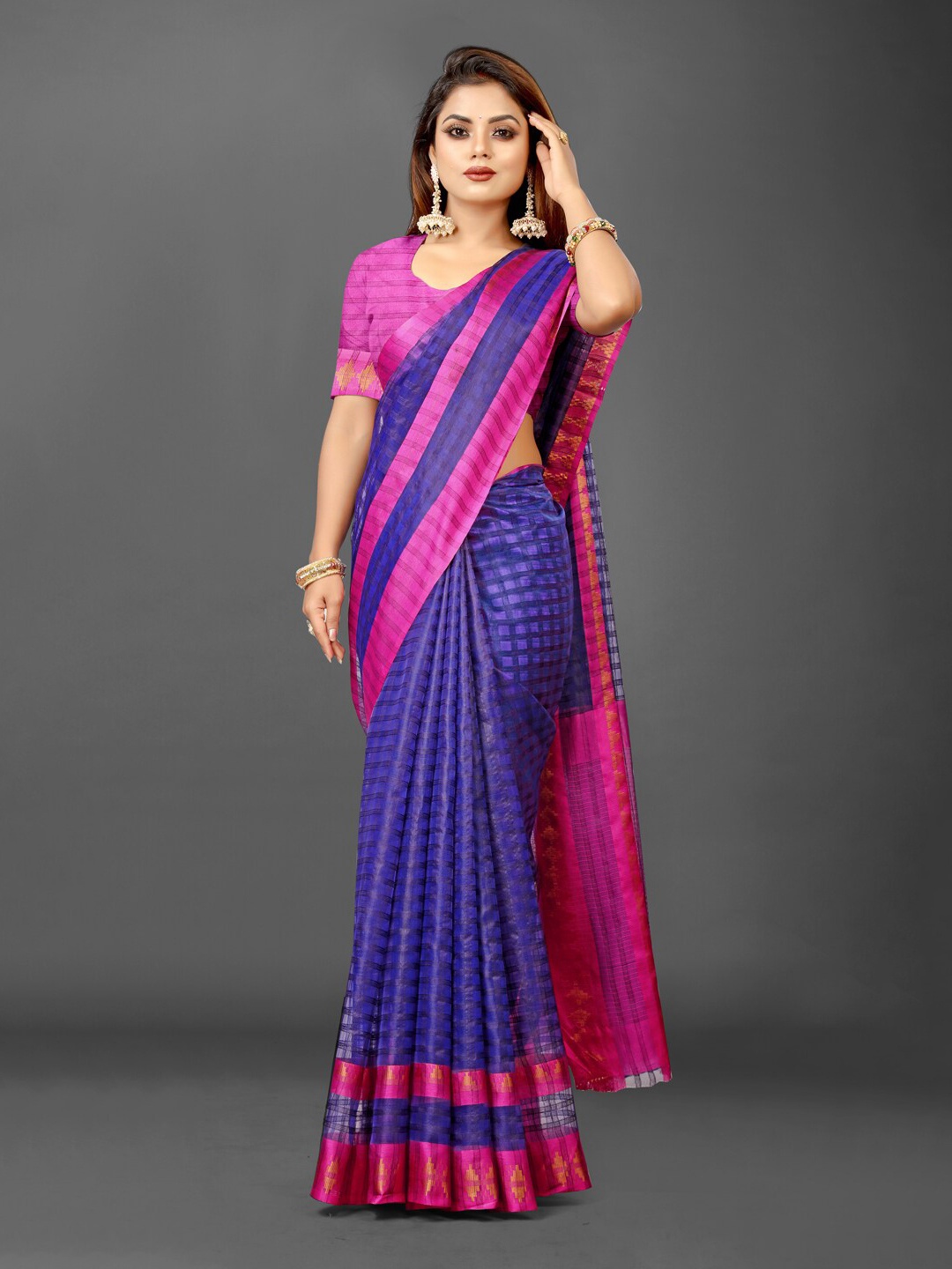 

KALINI Checked Zari Organza Ikat Saree, Blue