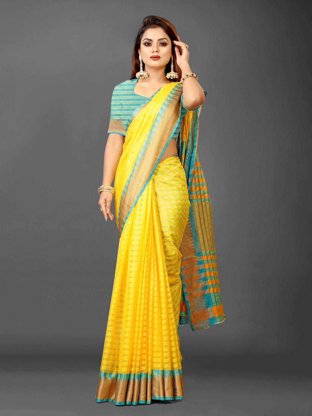 

KALINI Checked Zari Organza Ikat Saree, Lime green