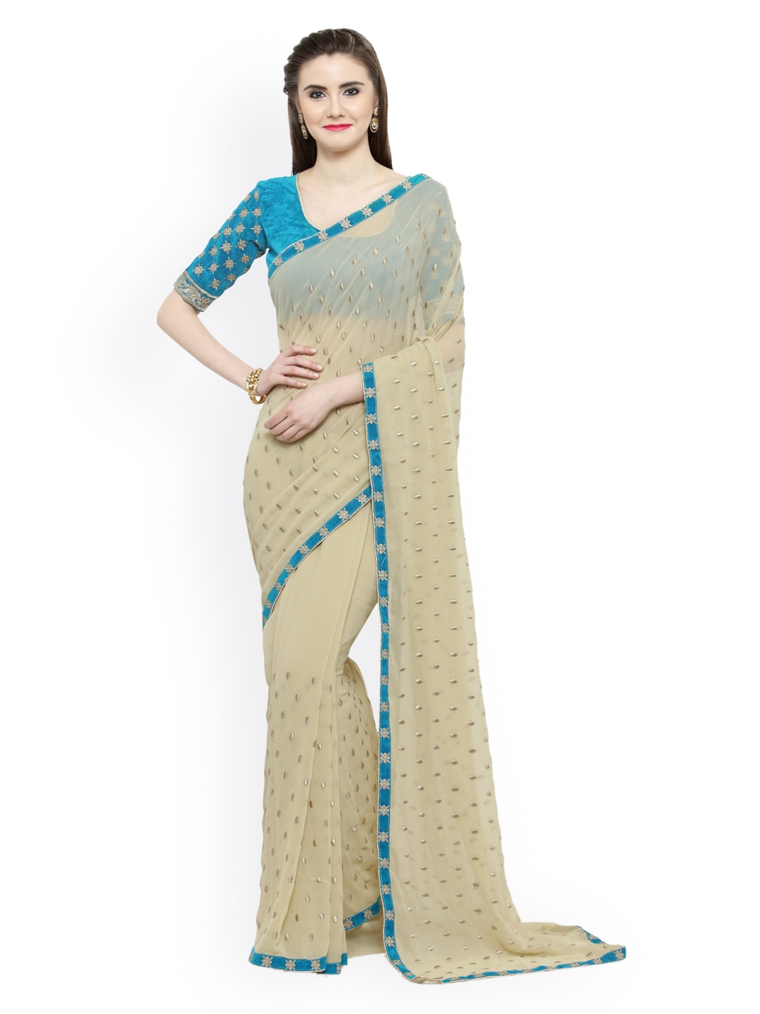 

Shaily Cream-Coloured Embroidered Pure Georgette Saree