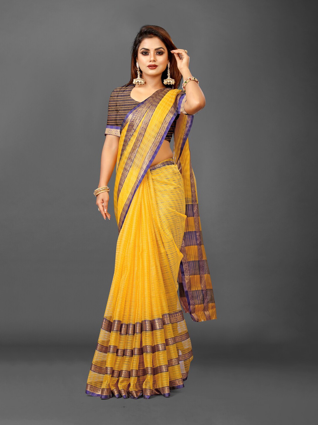 

KALINI Checked Zari Organza Ikat Saree, Mustard