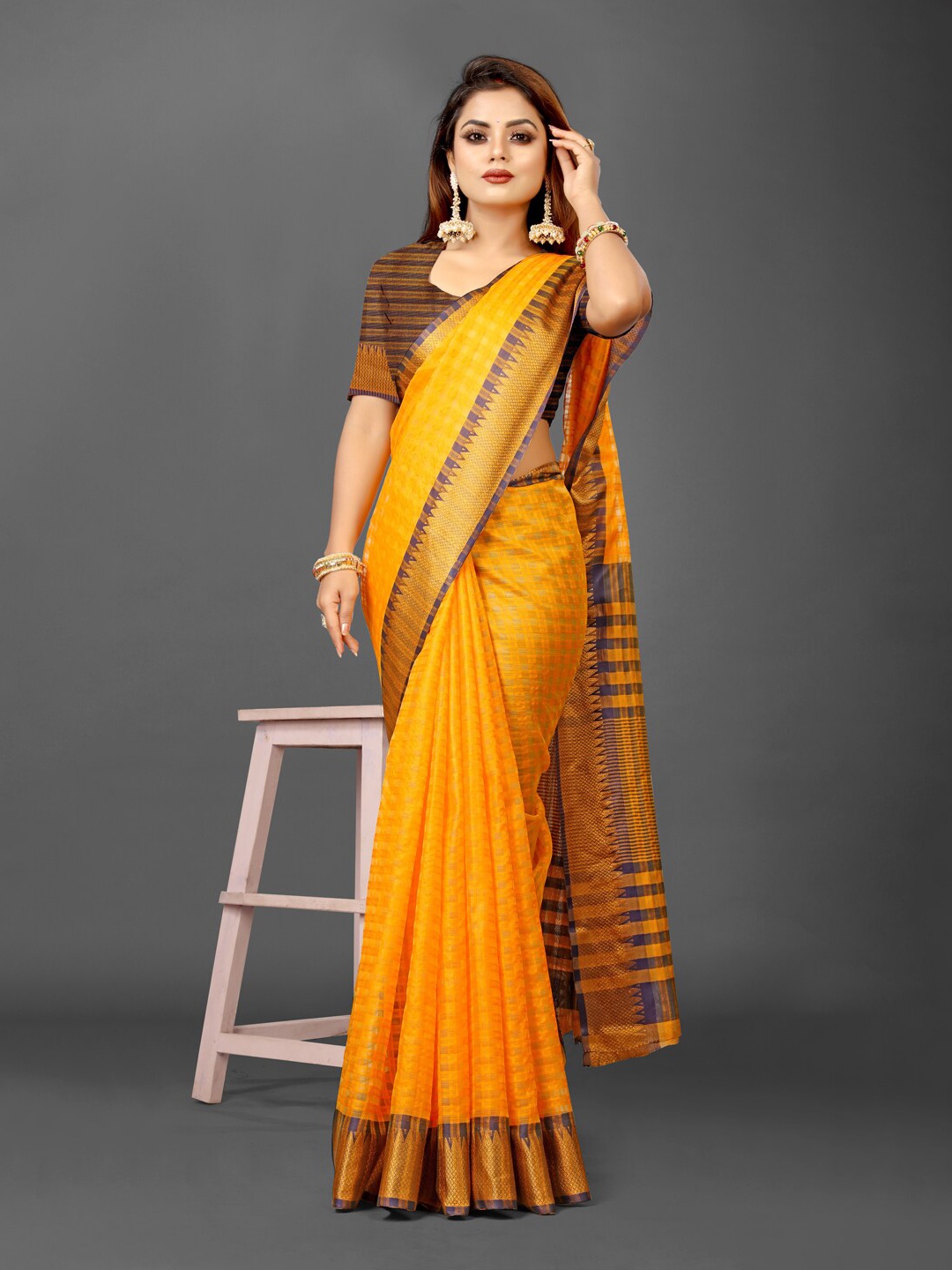 

KALINI Checked Zari Organza Ikat Saree, Mustard