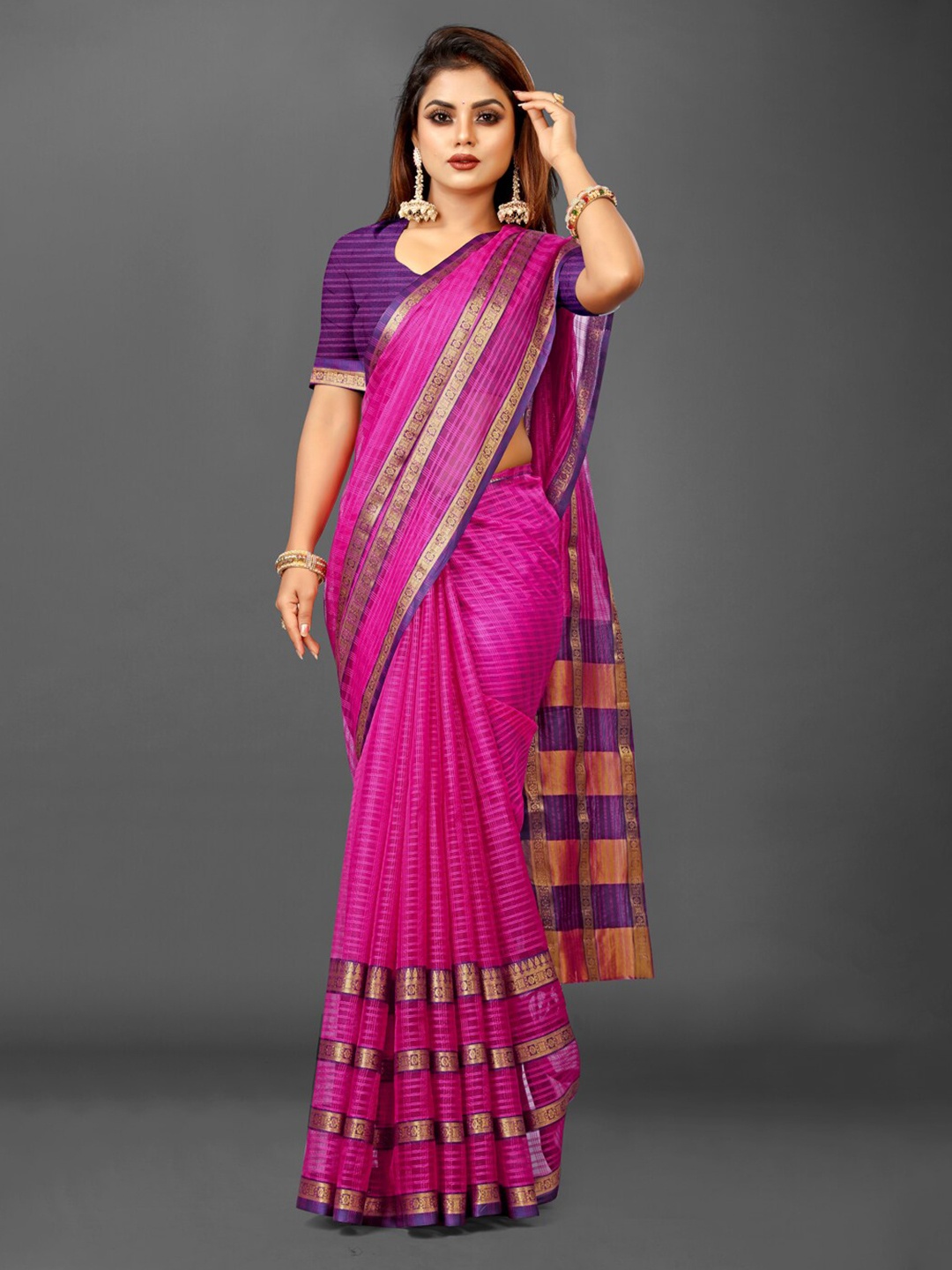 

KALINI Checked Zari Organza Ikat Saree, Pink