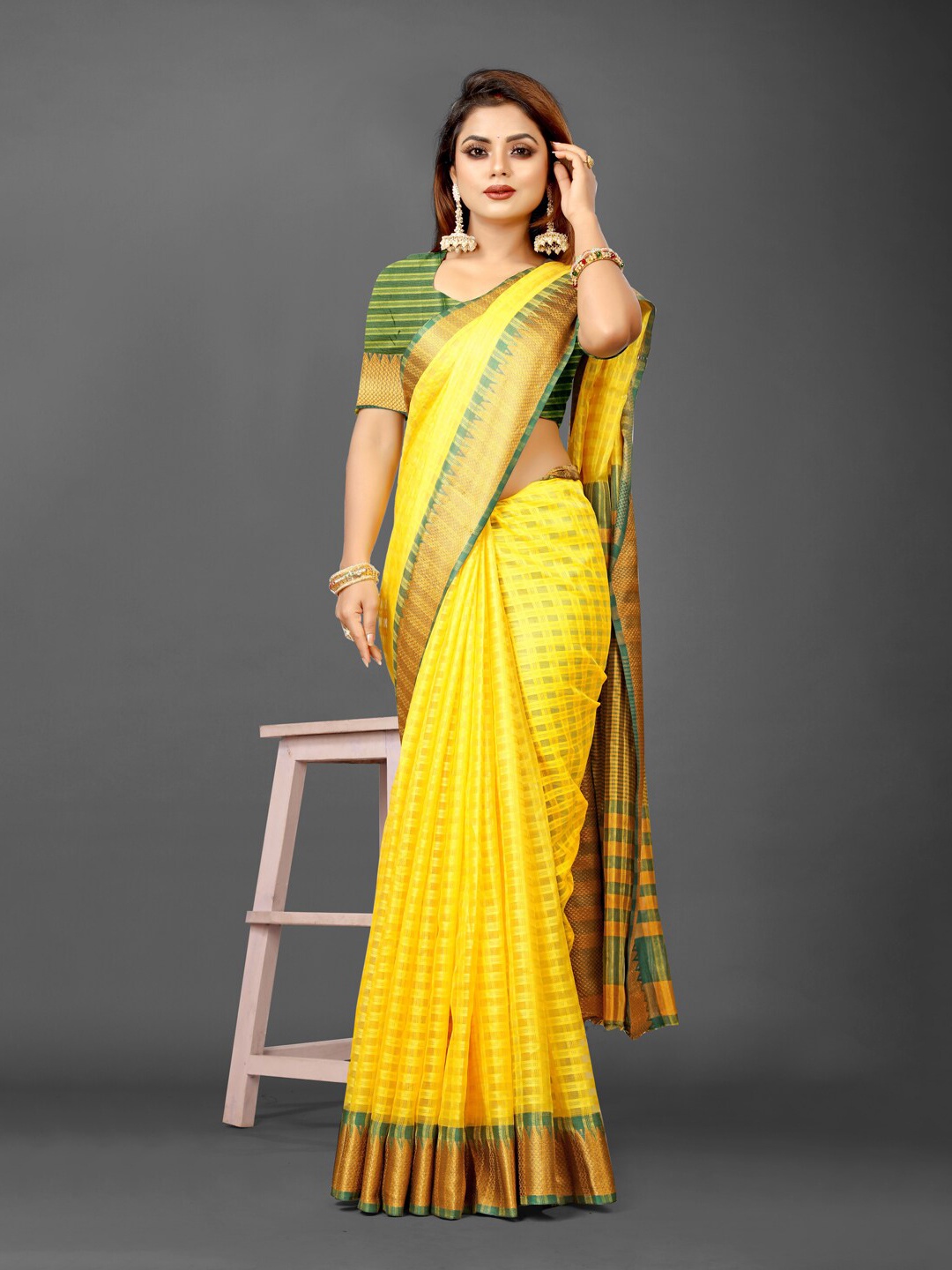 

KALINI Checked Zari Organza Ikat Saree, Lime green