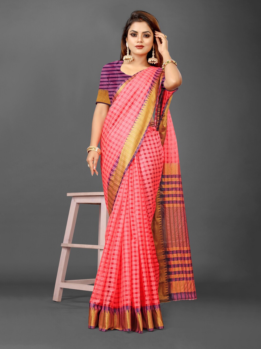 

KALINI Checked Zari Organza Ikat Saree, Pink