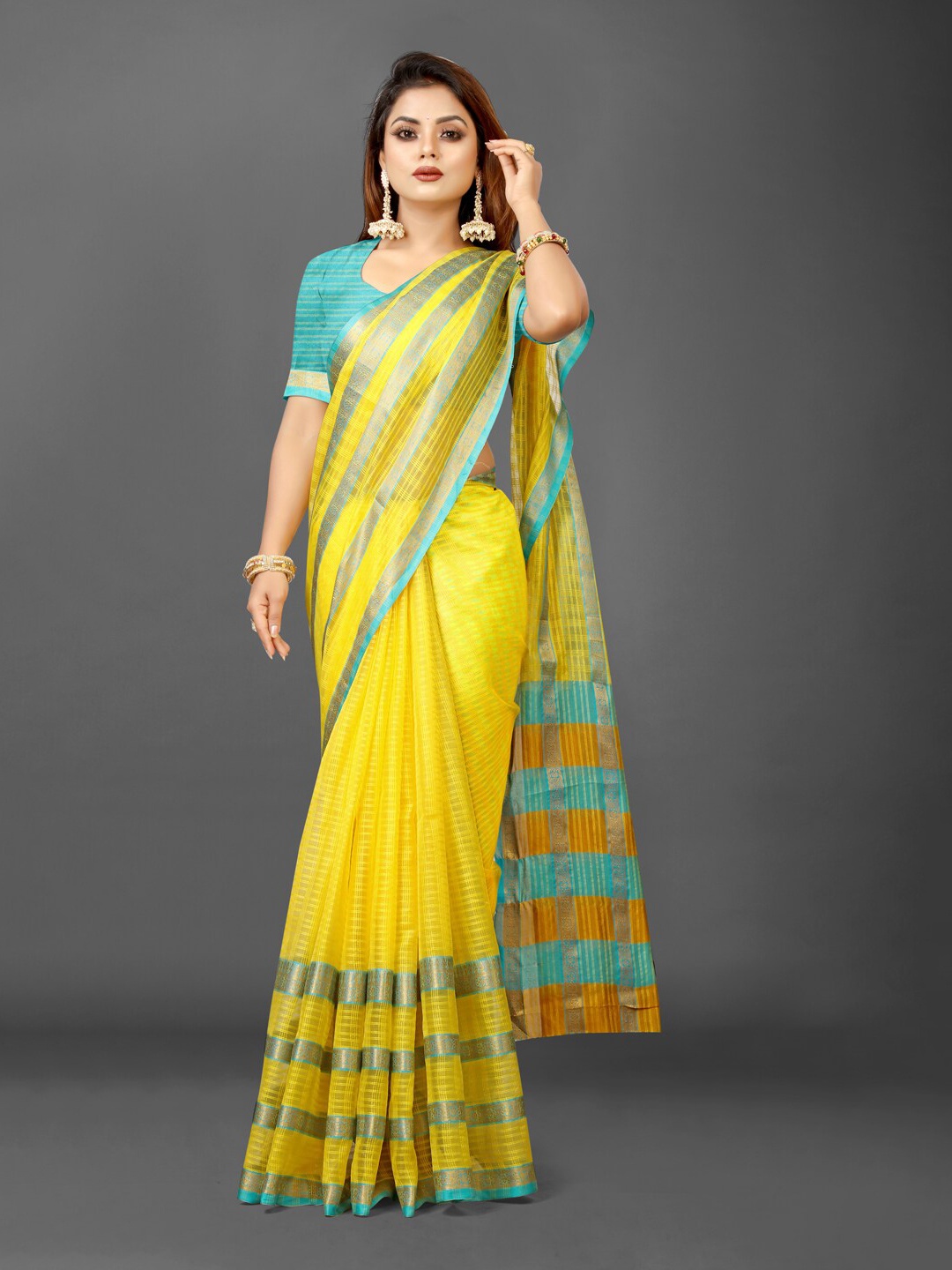 

KALINI Checked Zari Organza Ikat Saree, Lime green