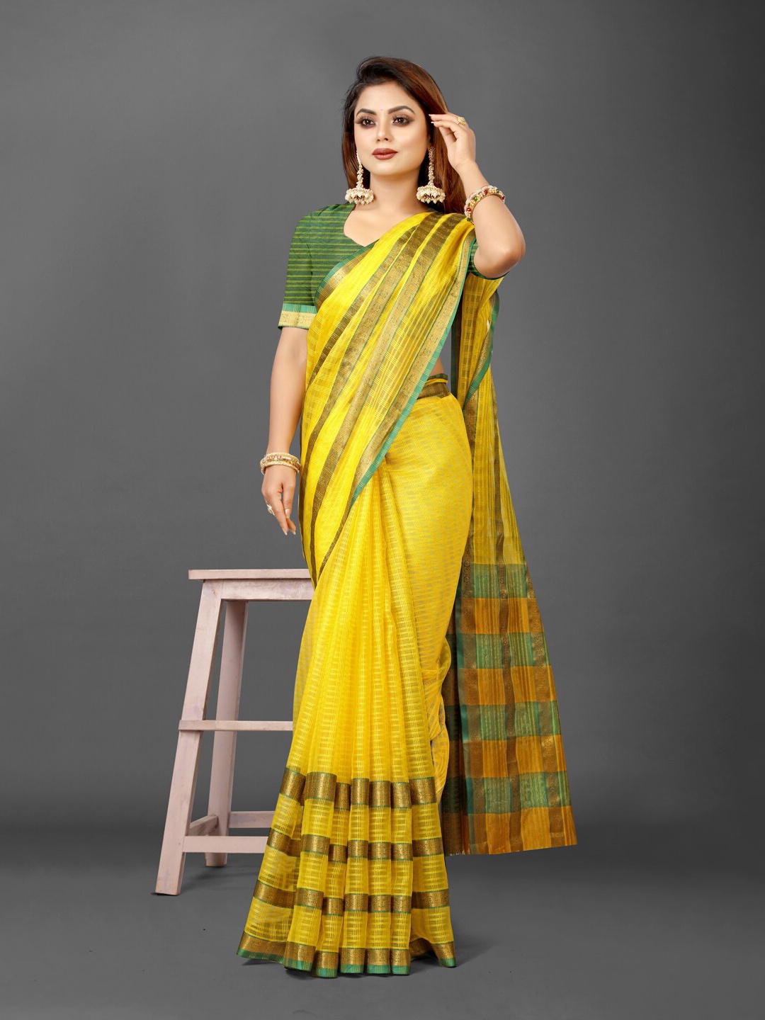 

KALINI Checked Zari Organza Ikat Saree, Lime green